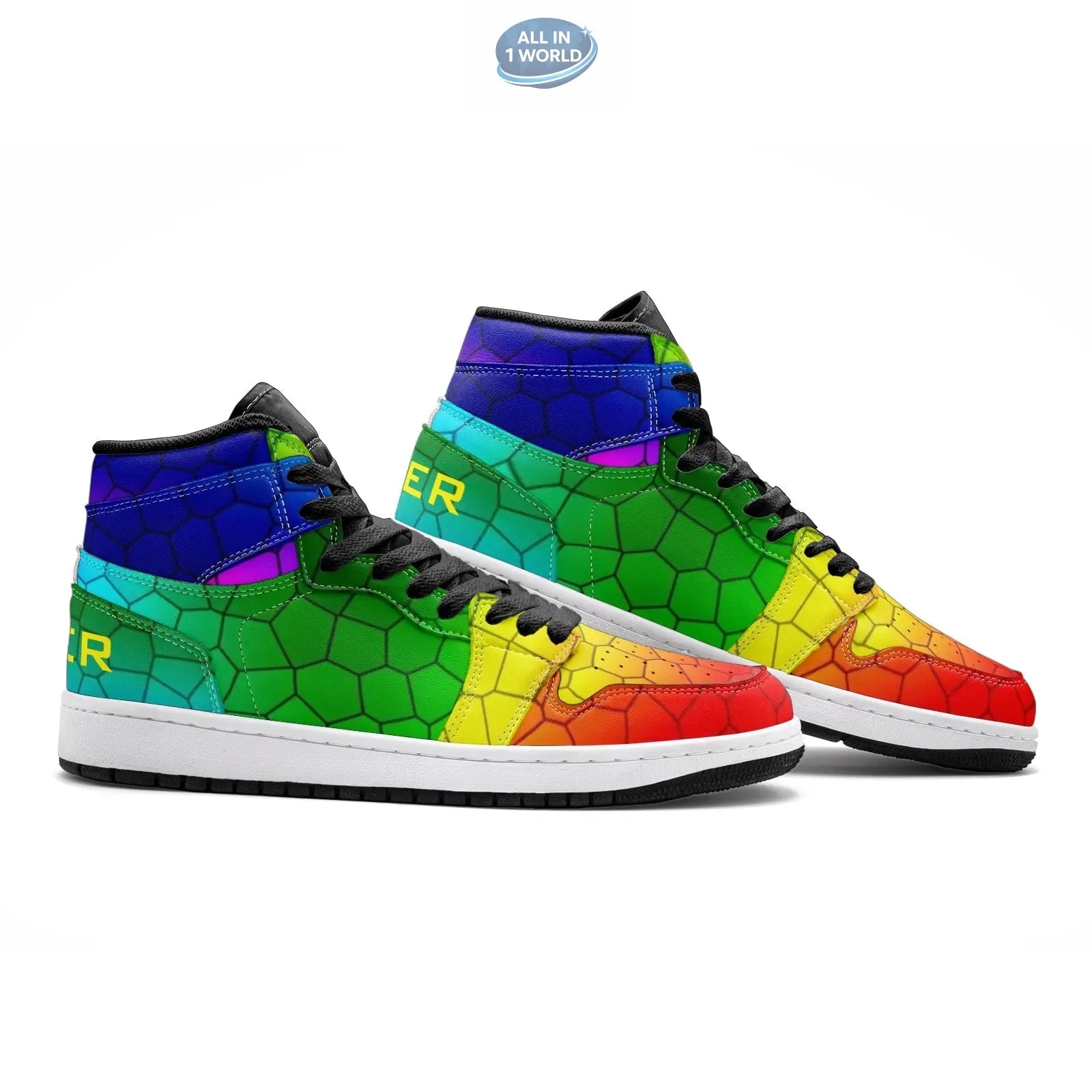 Side profile of VIPER Style 55TO mosaic high-top sneakers, showing the full rainbow color gradient and hexagonal geometric pattern - Vibrant streetwear design with white soles and black laces - ALL IN 1 WORLD