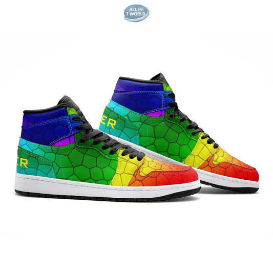 Side profile of VIPER Style 55TO mosaic high-top sneakers, showing the full rainbow color gradient and hexagonal geometric pattern - Vibrant streetwear design with white soles and black laces - ALL IN 1 WORLD