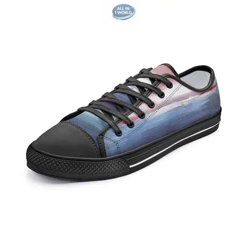 Single black VIPER STYLE 54TT low-top canvas shoe, showcasing the vivid blue and red artistic print against a black toe cap and black laces - Edgy and creative streetwear footwear - ALL IN 1 WORLD