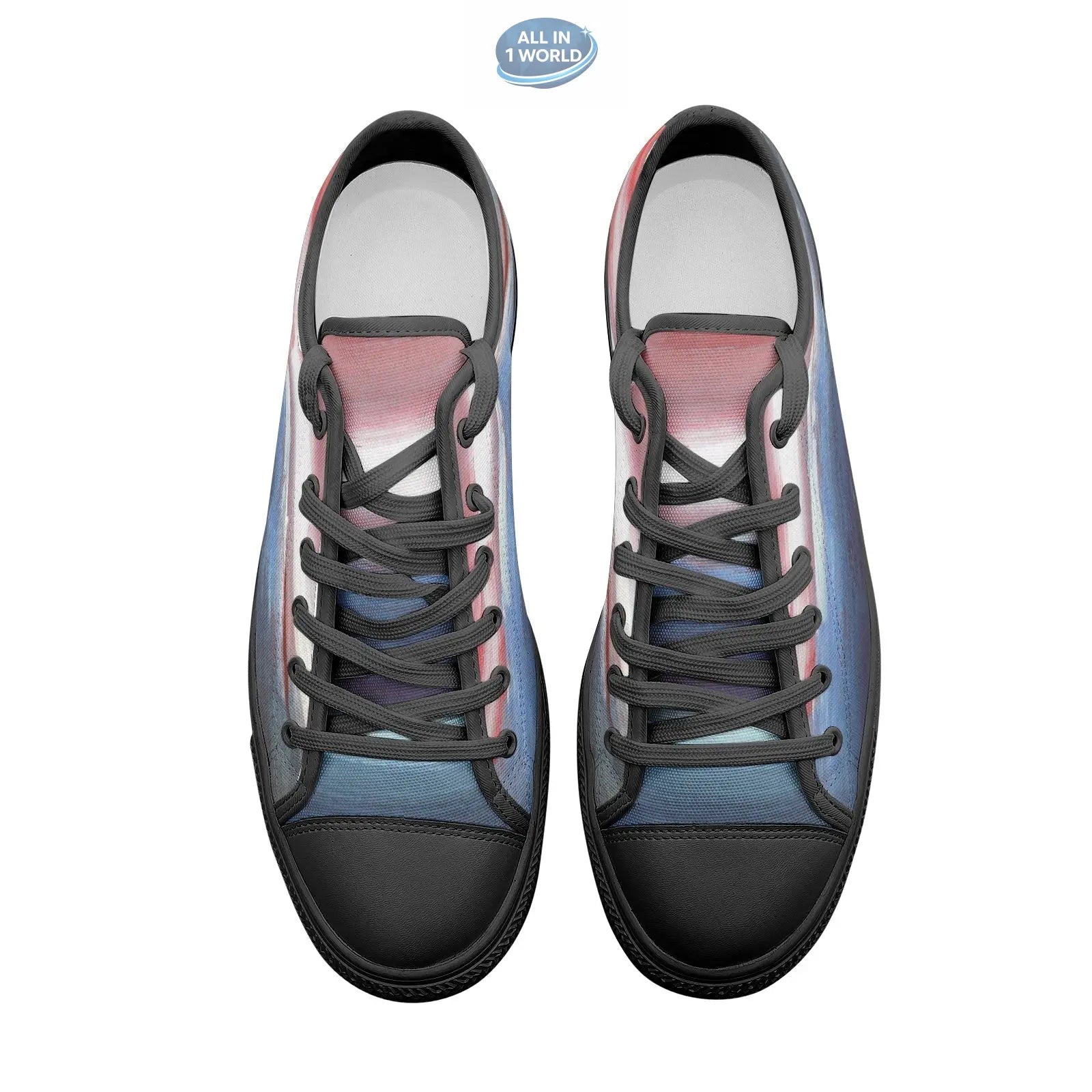 Top-down view of VIPER STYLE 54TT low-top canvas sneakers, featuring a panoramic artistic print with black laces and a black toe cap - Stylish unisex footwear with a creative landscape design - ALL IN 1 WORLD
