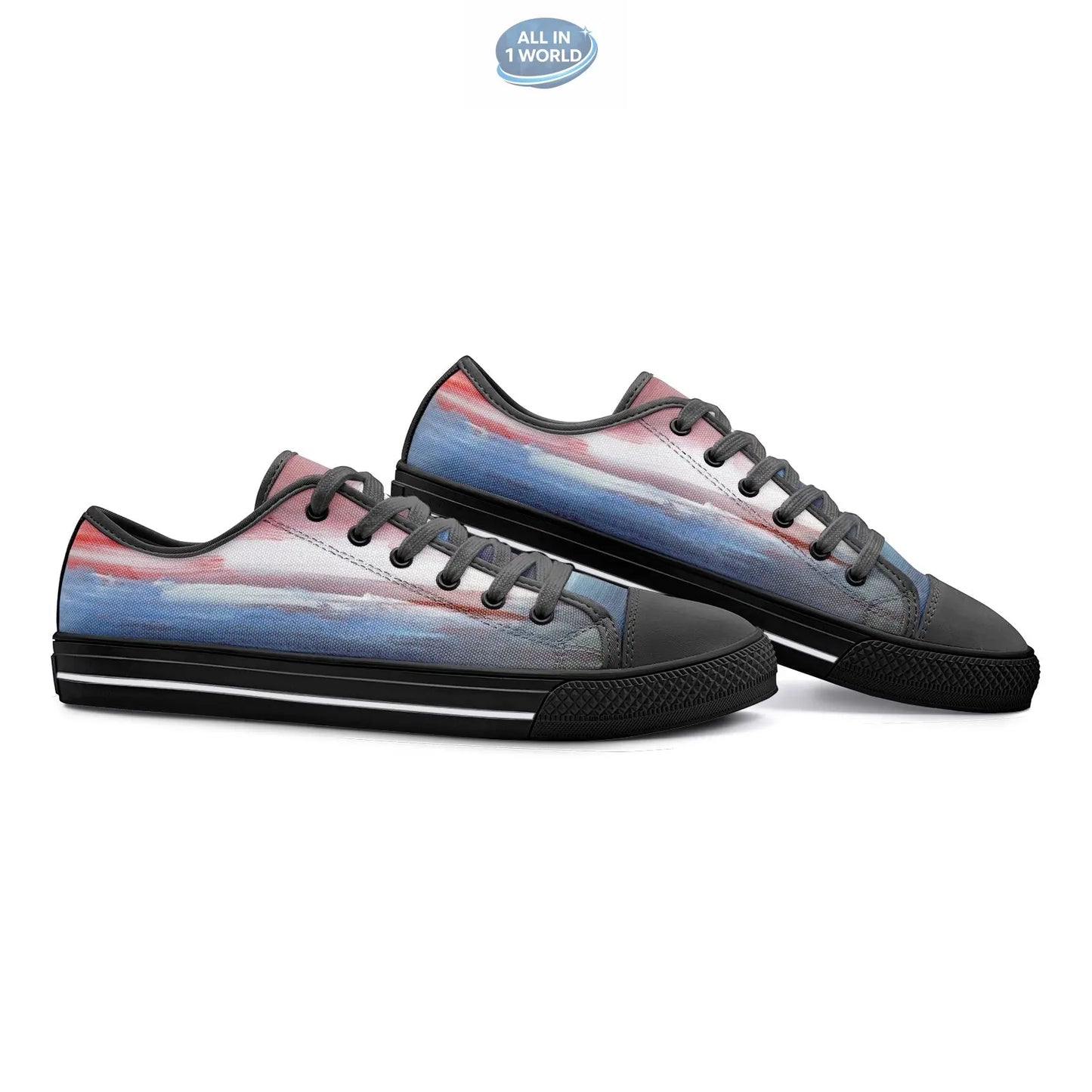 Perspective side view of black VIPER STYLE 54TT low-top canvas sneakers, showcasing the artistic blue and red landscape print against a sleek black sole and laces - Creative streetwear footwear - ALL IN 1 WORLD