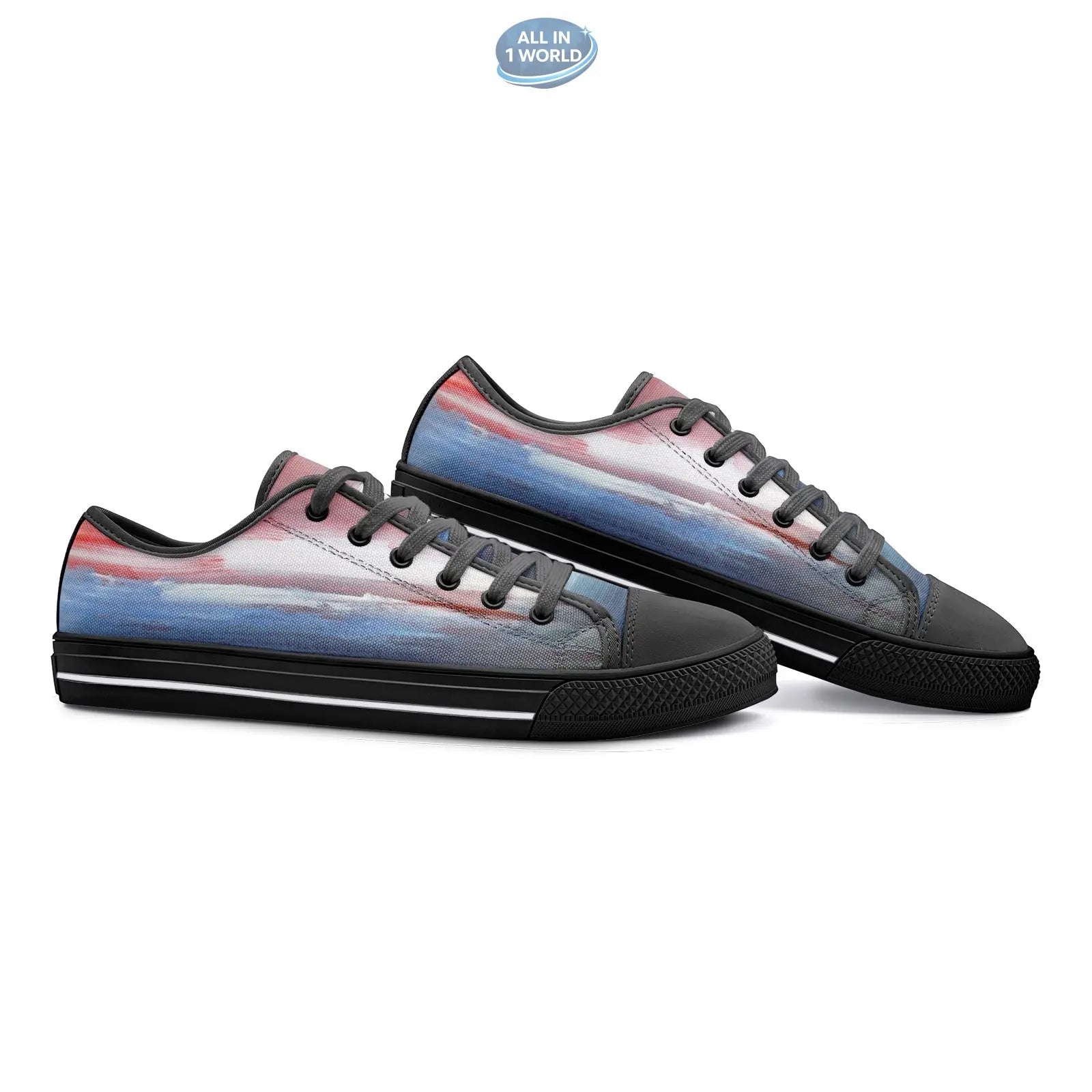 Perspective side view of black VIPER STYLE 54TT low-top canvas sneakers, showcasing the artistic blue and red landscape print against a sleek black sole and laces - Creative streetwear footwear - ALL IN 1 WORLD