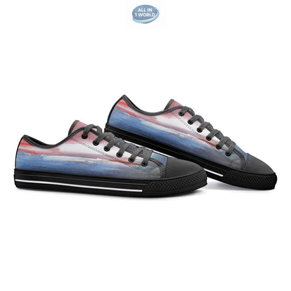 Perspective side view of black VIPER STYLE 54TT low-top canvas sneakers, showcasing the artistic blue and red landscape print against a sleek black sole and laces - Creative streetwear footwear - ALL IN 1 WORLD