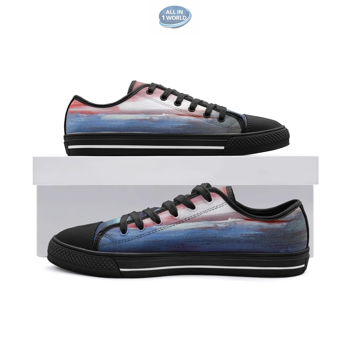 VIPER STYLE 54TT low-top canvas shoes with black soles, black toe caps, and black laces - Featuring a panoramic artistic landscape print in blue and red - Edgy and creative casual sneakers - ALL IN 1 WORLD