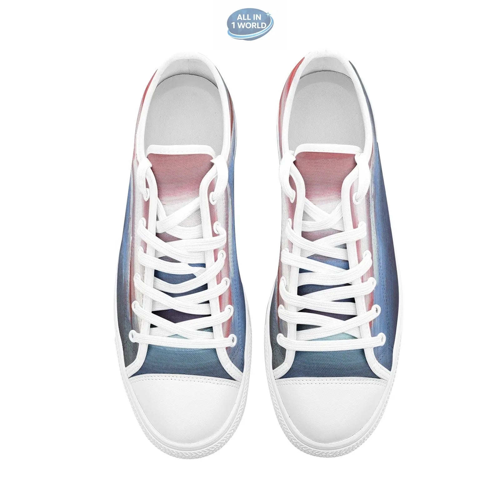 Top-down view of white VIPER STYLE 54TT low-top canvas sneakers, featuring a serene artistic landscape print with white laces and a white toe cap - Minimalist and creative unisex footwear - ALL IN 1 WORLD