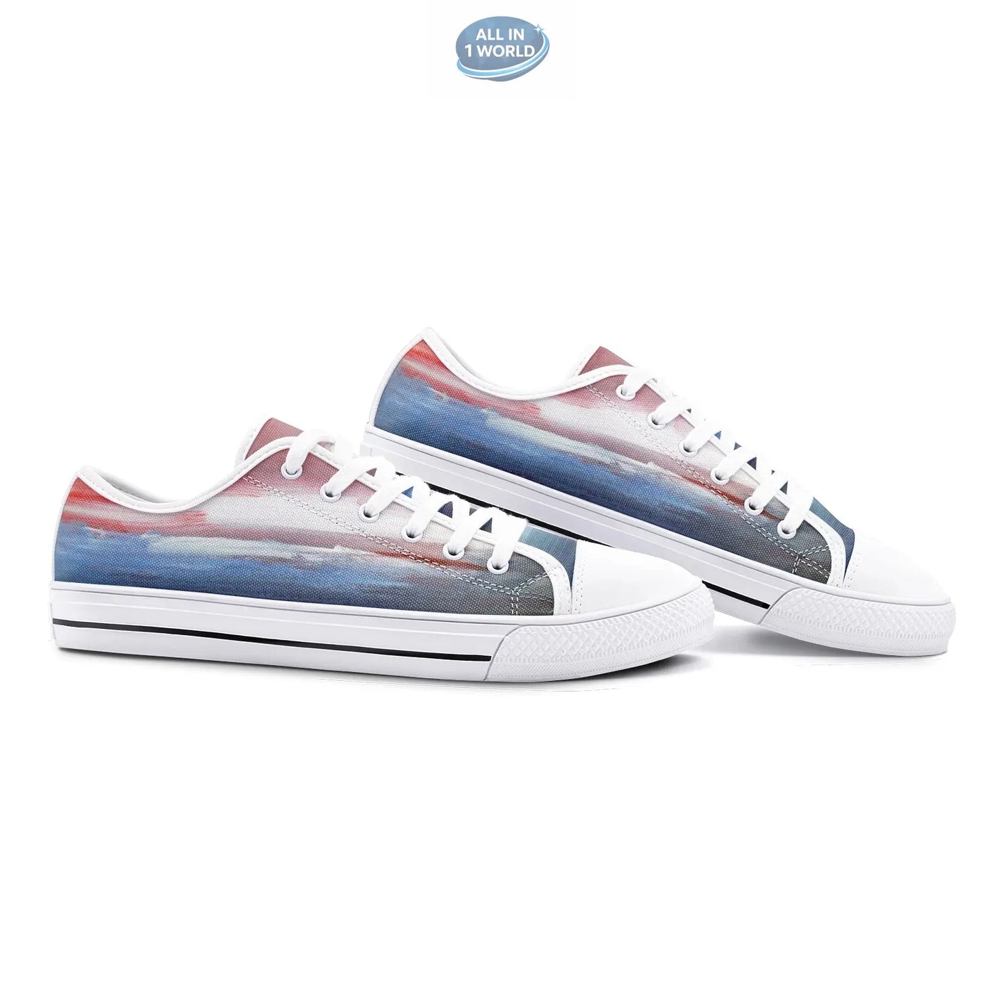 Perspective side view of white VIPER STYLE 54TT low-top canvas sneakers, showcasing the artistic blue and red landscape print - Classic white sole and laces with a creative modern design - ALL IN 1 WORLD