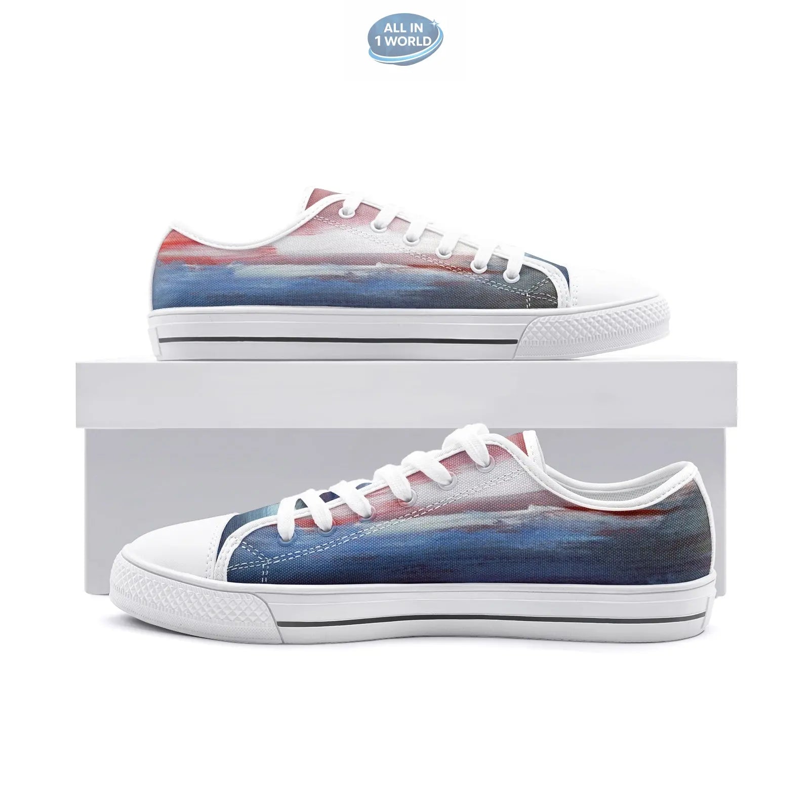 VIPER STYLE 54TT low-top canvas shoes featuring a panoramic artistic print in blue, red, and white - Classic lace-up sneakers with a white sole and artistic landscape design - ALL IN 1 WORLD
