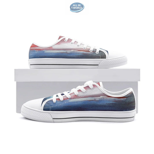 VIPER STYLE 54TT low-top canvas shoes featuring a panoramic artistic print in blue, red, and white - Classic lace-up sneakers with a white sole and artistic landscape design - ALL IN 1 WORLD