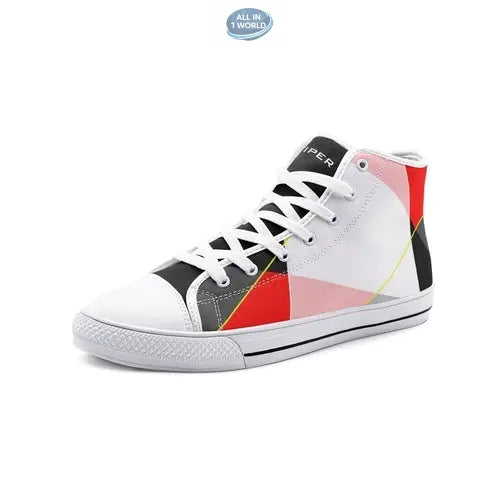 Single VIPER high-top canvas shoe in white, showcasing the brand logo on the tongue and the vibrant abstract geometric art on the side - Premium lace-up sneaker design - ALL IN 1 WORLD
