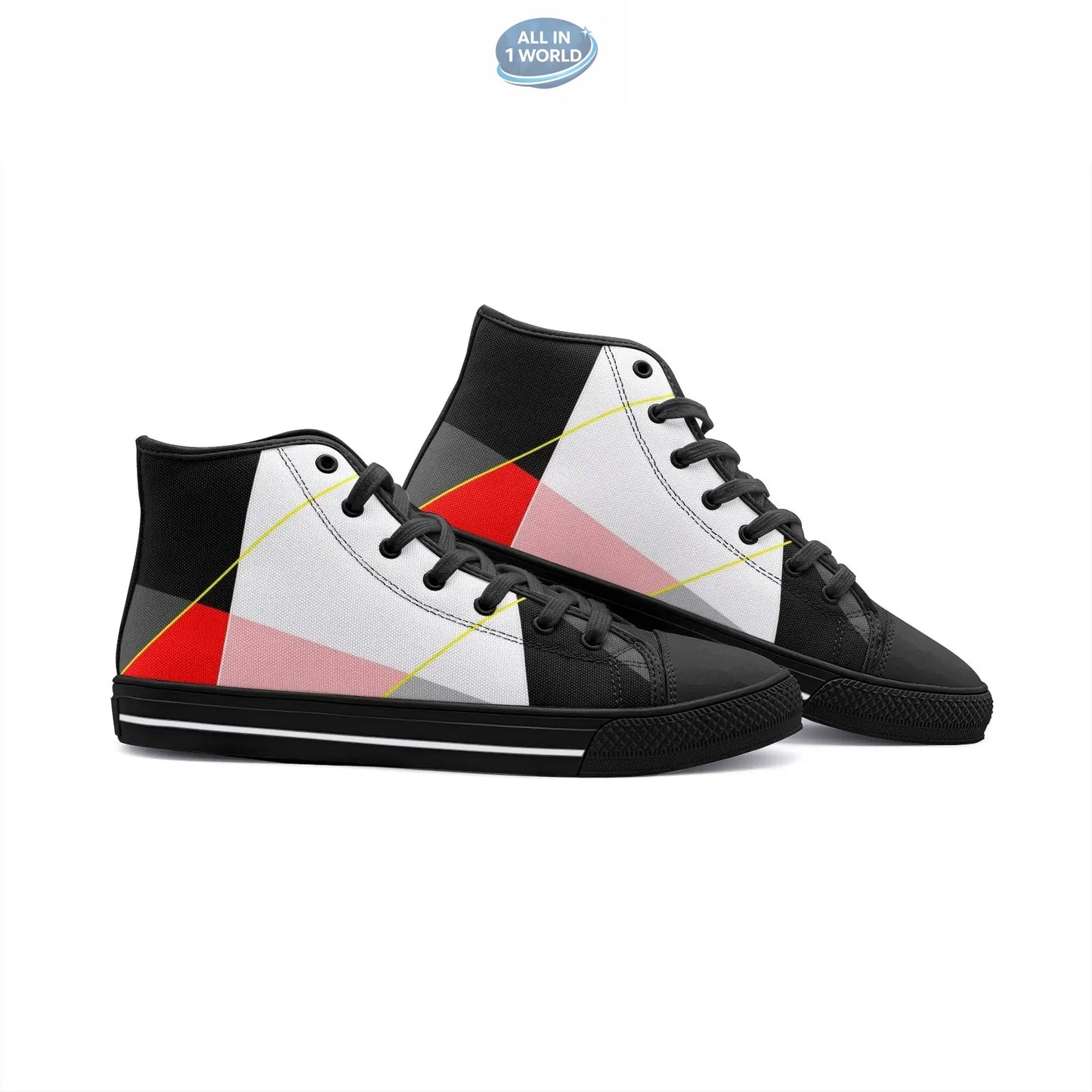 Pair of VIPER high-top canvas sneakers with black soles and laces, showcasing a vibrant multi-color abstract geometric pattern - Artistic and edgy streetwear footwear - ALL IN 1 WORLD