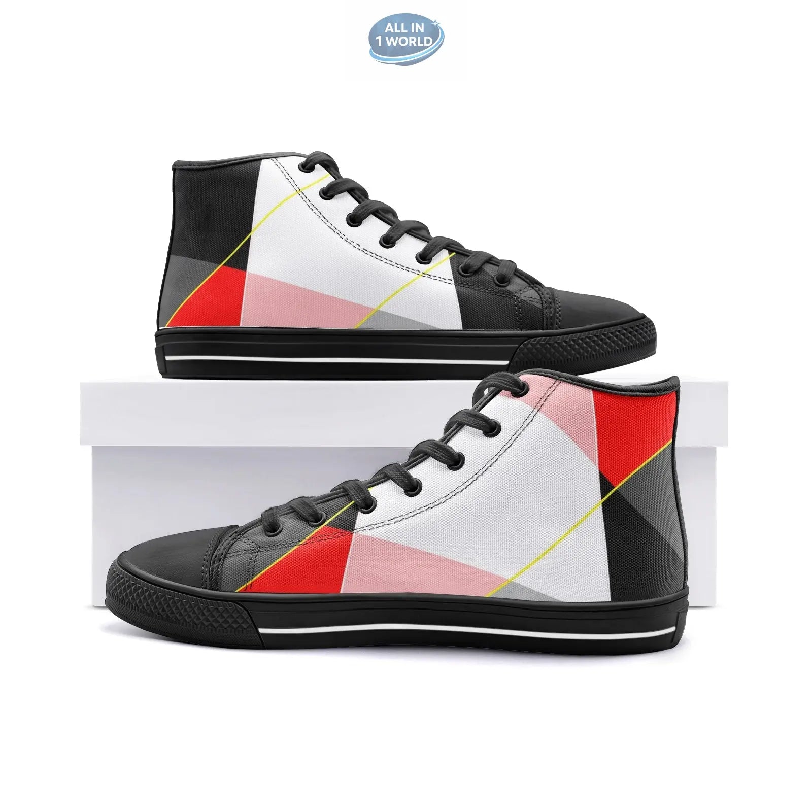 VIPER high-top canvas sneakers with black soles and laces, featuring a vibrant abstract geometric print - Artistic streetwear footwear for a bold casual look - ALL IN 1 WORLD