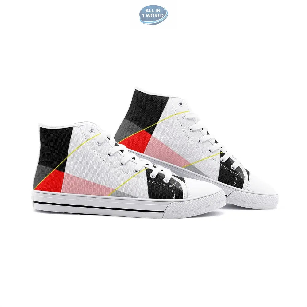 Pair of VIPER white high-top canvas sneakers featuring a colorful abstract geometric pattern - Modern lace-up design with white soles for a fresh, artistic streetwear vibe - ALL IN 1 WORLD