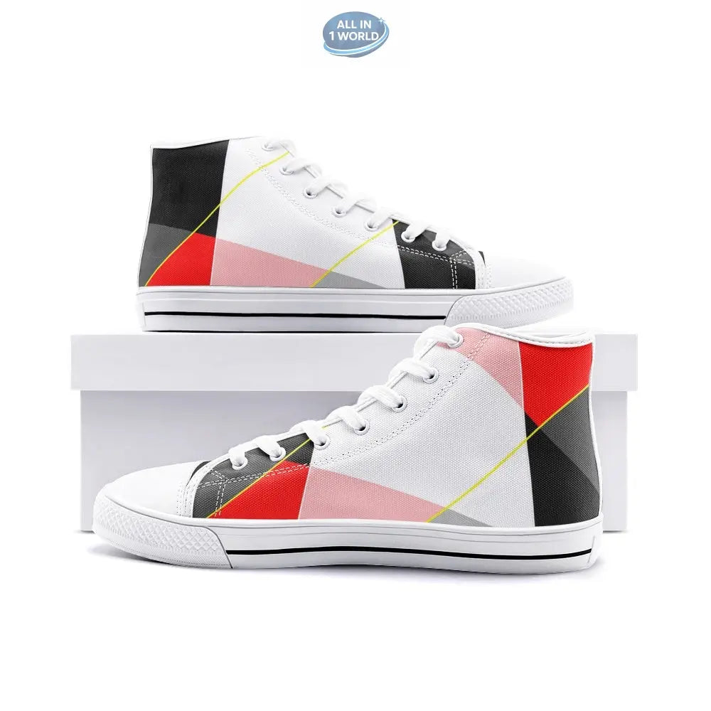 VIPER high-top canvas shoes featuring a modern abstract geometric design in red, black, and pink on a white background - Stylish and artistic lace-up sneakers for a trendy casual look - ALL IN 1 WORLD