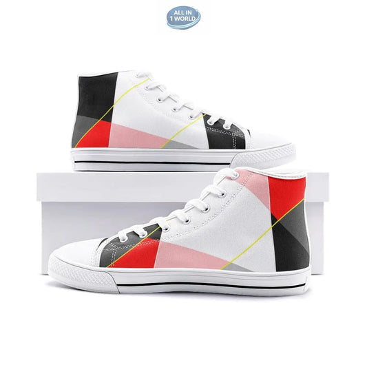 VIPER high-top canvas shoes featuring a modern abstract geometric design in red, black, and pink on a white background - Stylish and artistic lace-up sneakers for a trendy casual look - ALL IN 1 WORLD