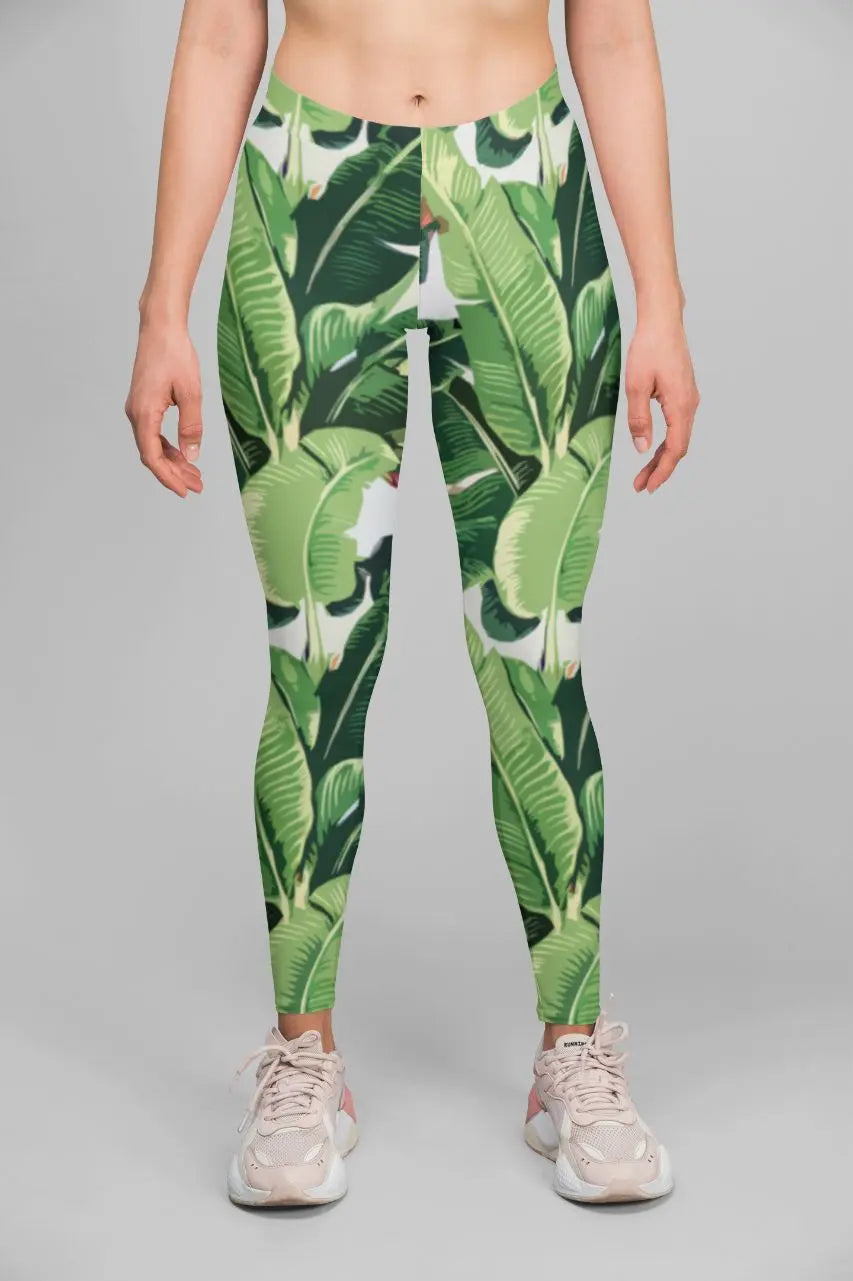 Banana-leaf print high-waist performance leggings for women - breathable compression activewear - ALL IN 1 WORLD