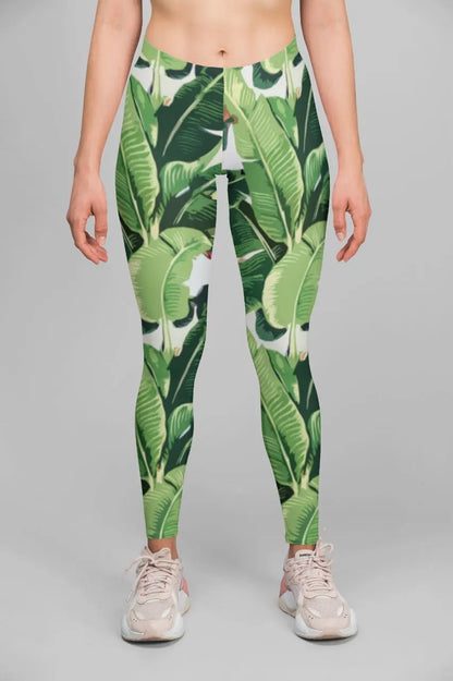 Banana-leaf print high-waist performance leggings for women - breathable compression activewear - ALL IN 1 WORLD