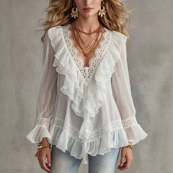 Women's Long-Sleeve Lace-Trim Top | Loose-Fit Pullover
