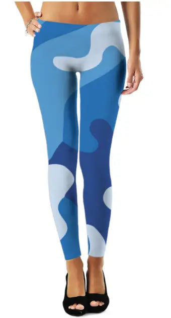 Blue camo print high-waist performance leggings for women - squat-proof compression activewear - ALL IN 1 WORLD