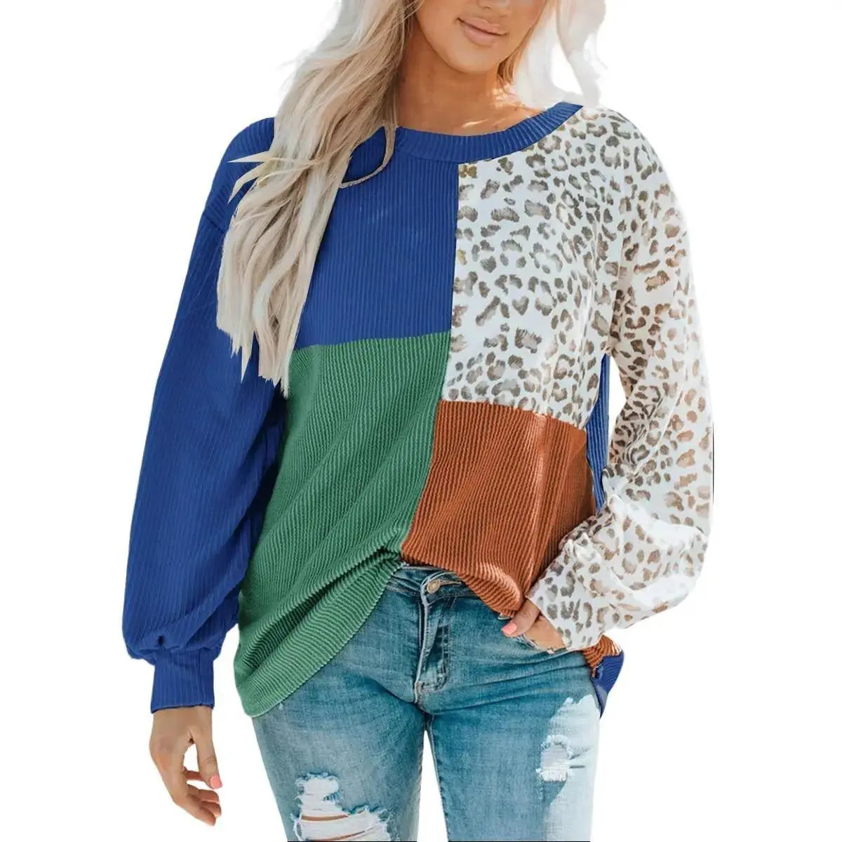 Patchwork Top Leopard Color Block Ribbed Long Sleeve Top all in 1 world