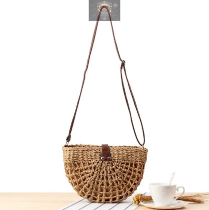 Half-moon woven straw crossbody bag with adjustable vegan strap - roomy summer shoulder bag - ALL IN 1 WORLD