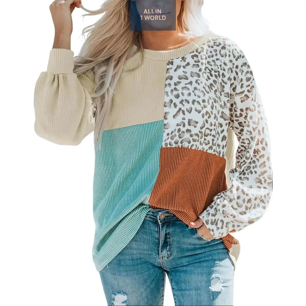 Patchwork Top Leopard Color Block Ribbed Long Sleeve Top all in 1 world
