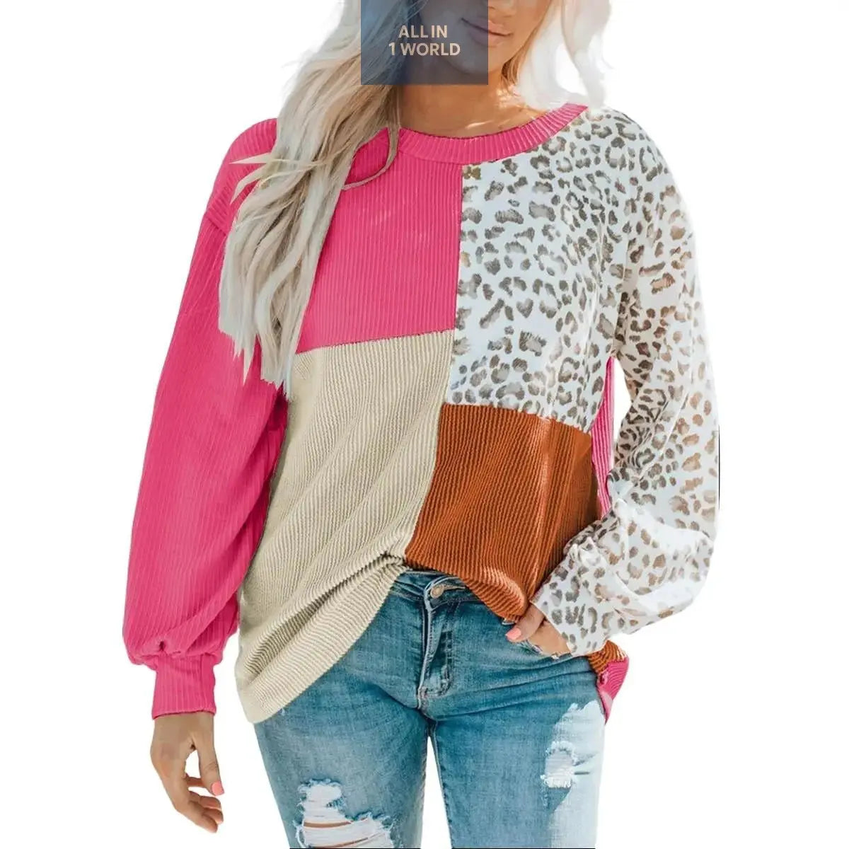 Patchwork Top Leopard Color Block Ribbed Long Sleeve Top all in 1 world