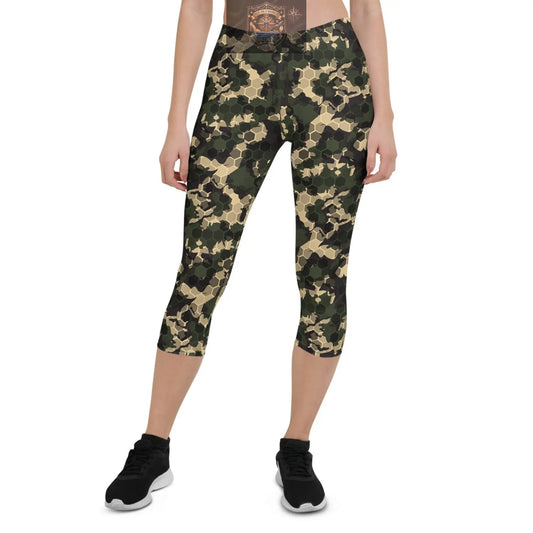 Army camo honeycomb print high-waist capri performance leggings for women - squat-proof activewear - ALL IN 1 WORLD