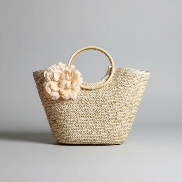 Woven Straw Totebag with Flowers
