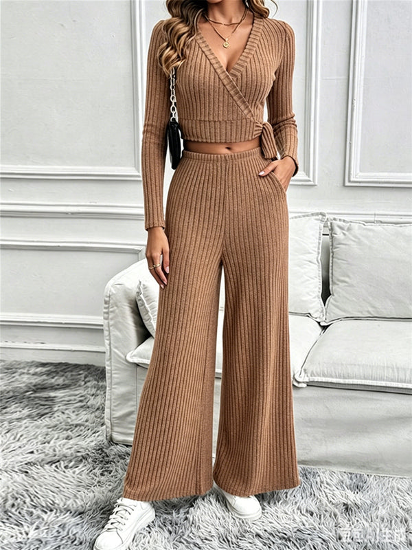 Women's Ribbed Knit Wrap Crop Top & Wide-Leg Pants Set