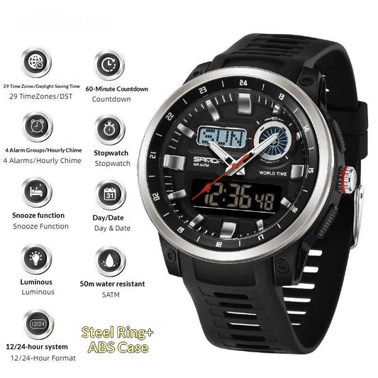 Black sports watch with feature icons