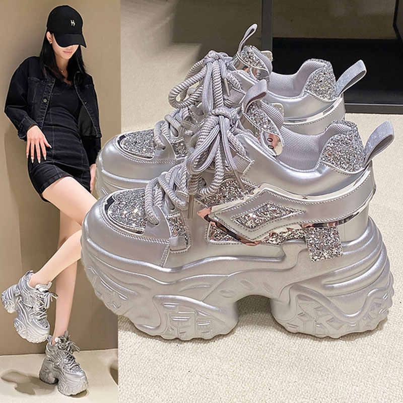Hidden-heel sequin platform sneaker, colour option
