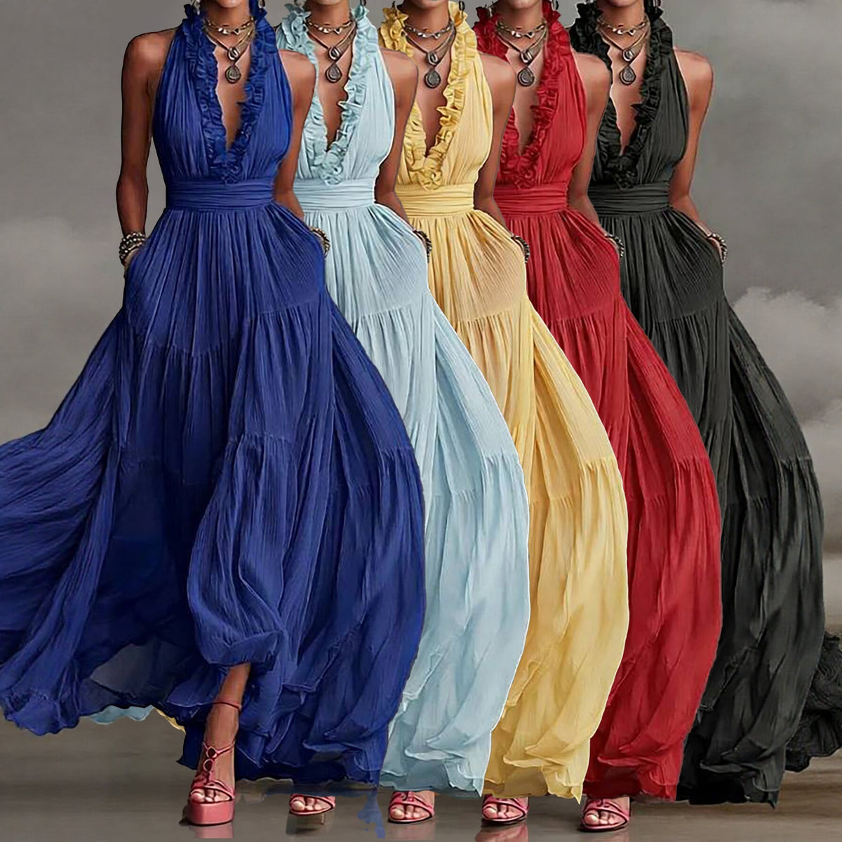 Four women wearing dresses in different colours
