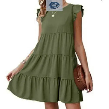 Short olive green flowy tiered dress with ruffled cap sleeves and a round neck - Lightweight and loose-fit summer mini dress for women - ALL IN 1 WORLD