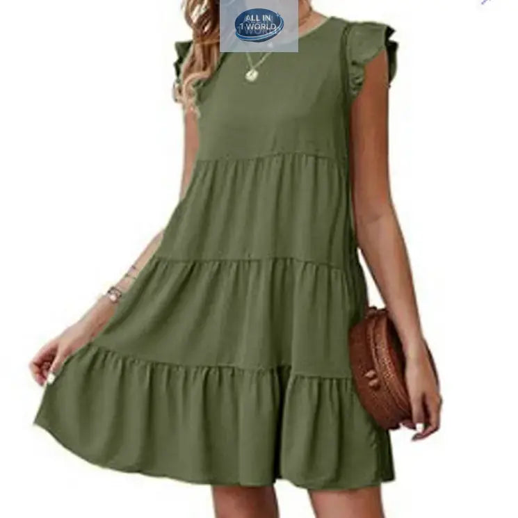 Short olive green flowy tiered dress with ruffled cap sleeves and a round neck - Lightweight and loose-fit summer mini dress for women - ALL IN 1 WORLD
