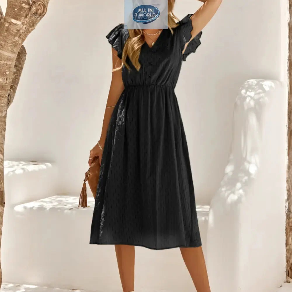 Elegant black Swiss dot midi dress featuring a V-neckline and ruffled cap sleeves - Timeless A-line summer dress for women with an elasticated waist - Chic evening or formal outfit - ALL IN 1 WORLD