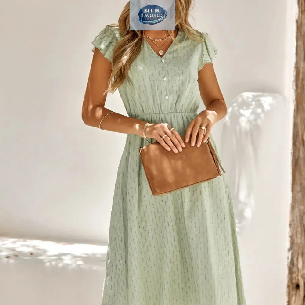 Elegant apricot Swiss dot midi dress with ruffled cap sleeves and V-neckline - Sophisticated flowy summer dress for women with an elasticated waist - ALL IN 1 WORLD