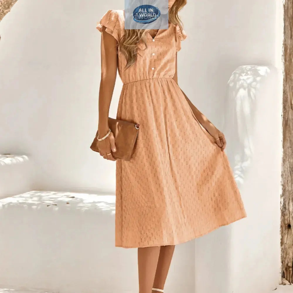 Elegant sage green Swiss dot midi dress with ruffled cap sleeves and a V-neckline - Sophisticated A-line summer dress for women featuring an elasticated waist - ALL IN 1 WORLD