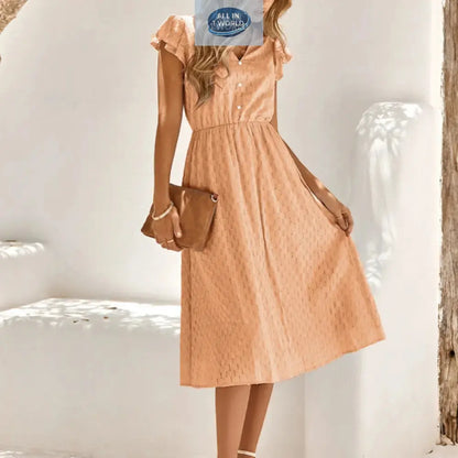 Elegant sage green Swiss dot midi dress with ruffled cap sleeves and a V-neckline - Sophisticated A-line summer dress for women featuring an elasticated waist - ALL IN 1 WORLD