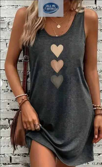Casual dark grey sleeveless tank dress featuring a vibrant triple heart graphic print - Soft breathable crew neck mini dress for women - Perfect summer loungewear styling - ALL IN 1 WORLD