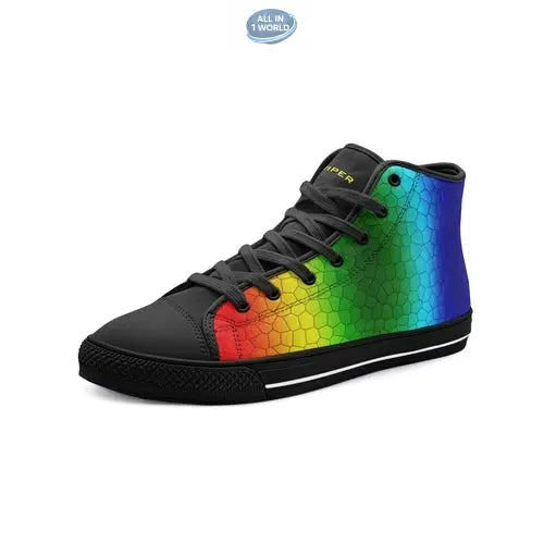 Single black VIPER Style 54TO high-top canvas sneaker, featuring a vivid rainbow mosaic hexagonal pattern against a sleek black sole and laces - Bold and creative streetwear design - ALL IN 1 WORLD