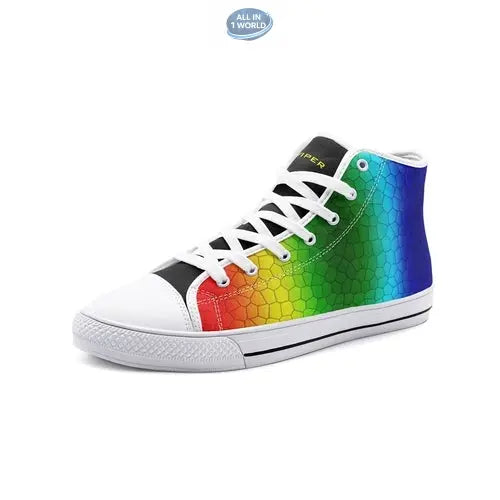 Single white VIPER Style 54TO high-top canvas sneaker, showcasing the vibrant rainbow mosaic hexagonal pattern - Classic white rubber sole and laces with an artistic geometric design - ALL IN 1 WORLD