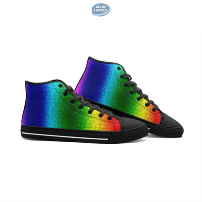 Perspective side view of black VIPER Style 54TO high-top canvas sneakers, featuring a vibrant rainbow mosaic hexagonal pattern - Sleek black sole, laces, and toe cap with a modern artistic design - ALL IN 1 WORLD