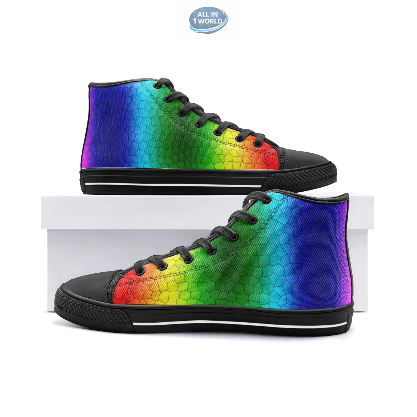 Podium display of black VIPER Style 54TO high-top sneakers featuring a vivid rainbow mosaic hexagonal pattern - Bold streetwear design with black soles, laces, and toe caps - ALL IN 1 WORLD