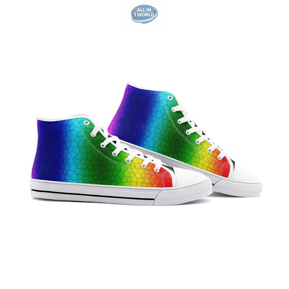 Perspective side view of white VIPER Style 54TO high-top canvas sneakers, featuring a vibrant rainbow mosaic hexagonal pattern - Classic white sole, laces, and toe cap with a creative artistic design - ALL IN 1 WORLD