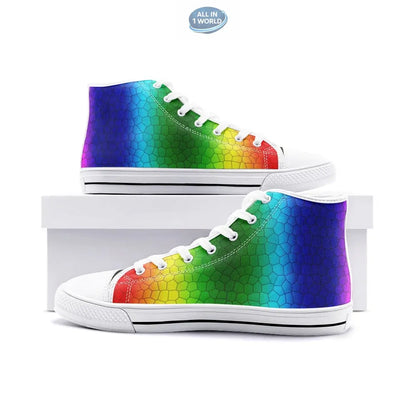 Podium display of white VIPER Style 54TO high-top canvas shoes, featuring a vibrant rainbow mosaic hexagonal pattern - Classic white sole and laces with creative geometric streetwear design - ALL IN 1 WORLD