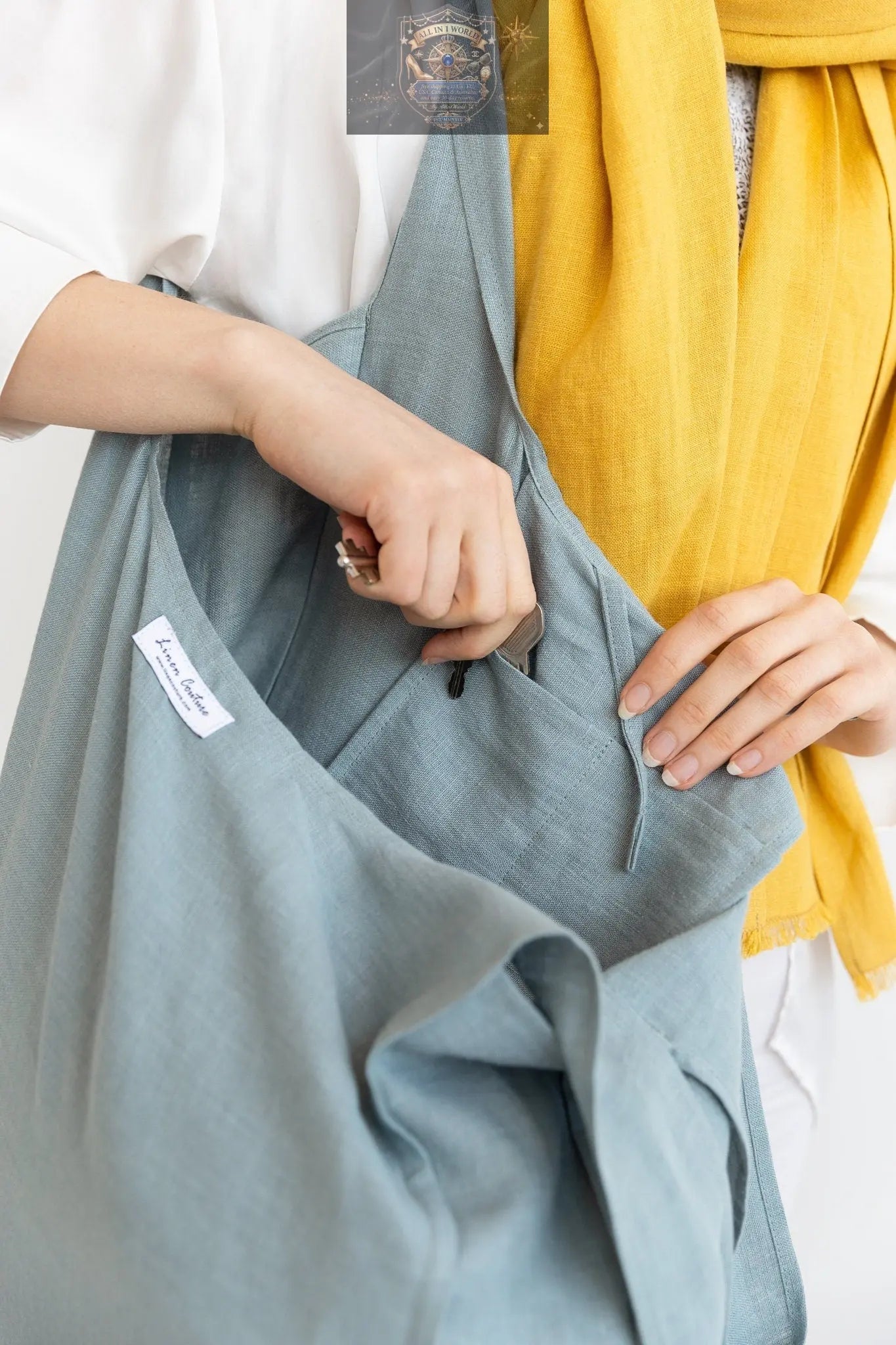 Greyish Mint linen tote bag with inside pocket ALL IN 1 WORLD
