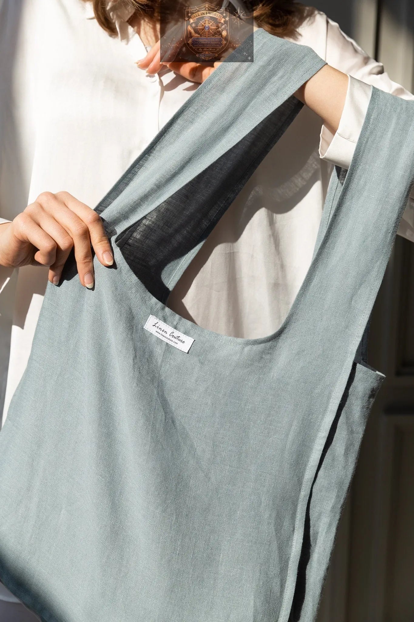 Greyish Mint linen tote bag with inside pocket ALL IN 1 WORLD