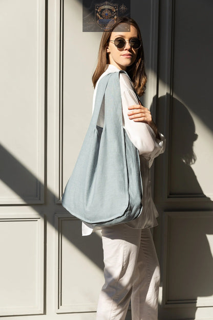 Greyish-mint linen tote bag with interior pocket and wide shoulder straps - everyday eco-friendly carry-all - ALL IN 1 WORLD