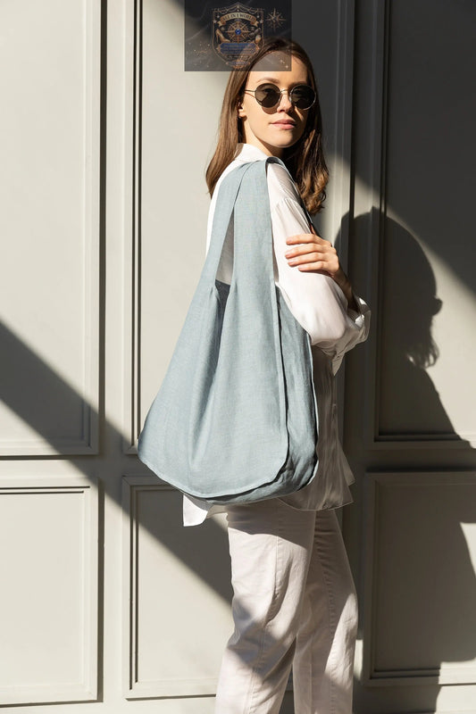 Greyish-mint linen tote bag with interior pocket and wide shoulder straps - everyday eco-friendly carry-all - ALL IN 1 WORLD