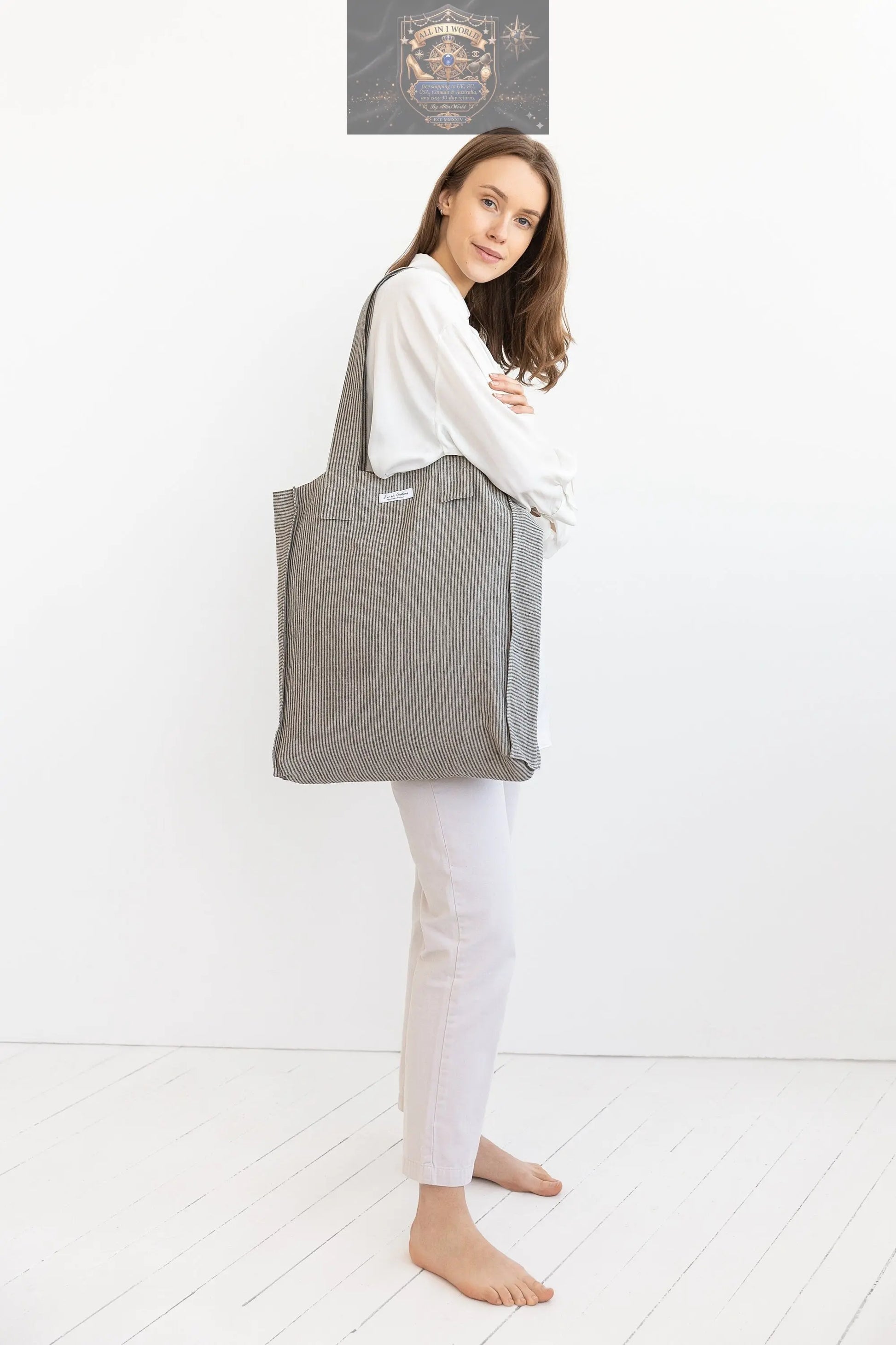 Dark grey striped linen weekender bag - spacious travel and overnight tote - ALL IN 1 WORLD